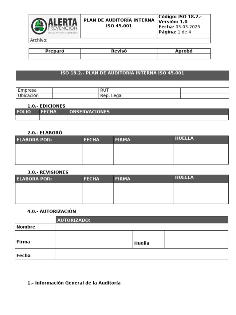Iso 18.2. - Plan de Auditoría Interna Sgi Iso 45.001 V 1.0 | PDF ...