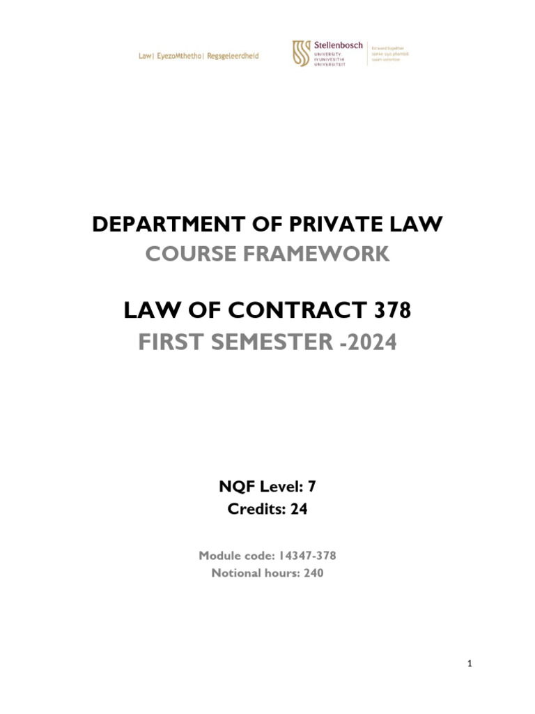 Law of Contract 378 - Course Outline - Sem 1 2024 | PDF