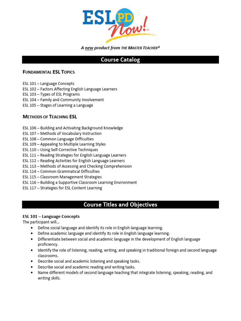 Course Catalog and Objectives | PDF | English As A Second Or Foreign ...