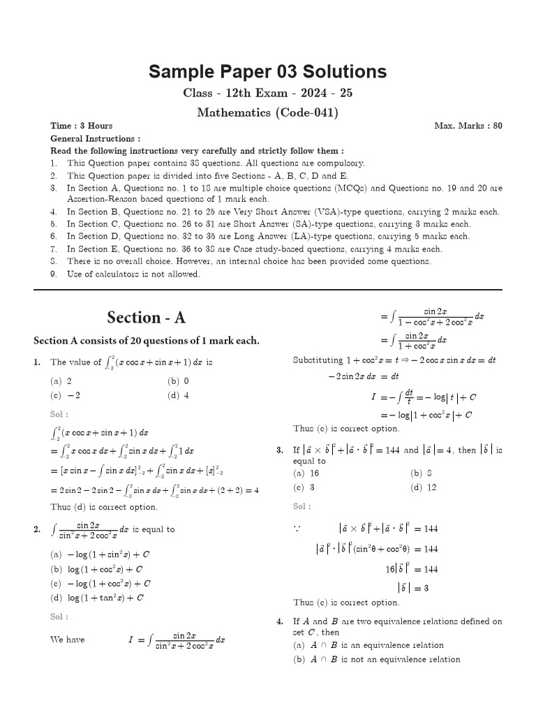 Class 12 Math Sample Paper Solutions | PDF | Algebra | Mathematical Objects
