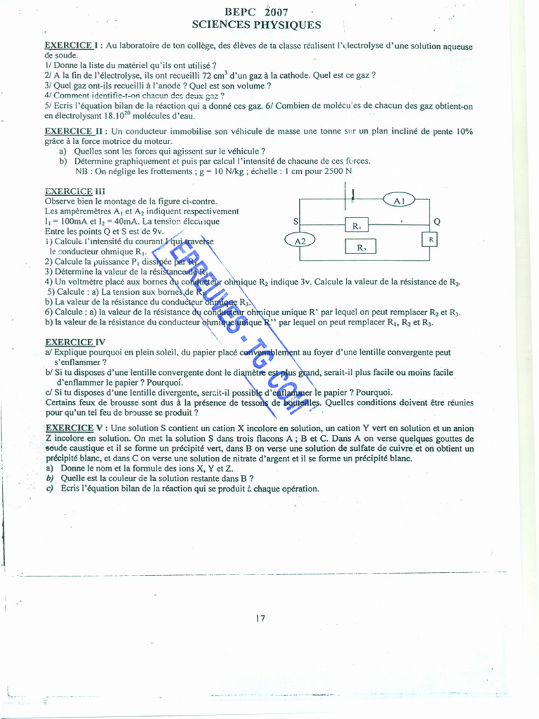 Exercices de Sciences Physiques BEPC 2007 | PDF | Chimie | Sciences ...
