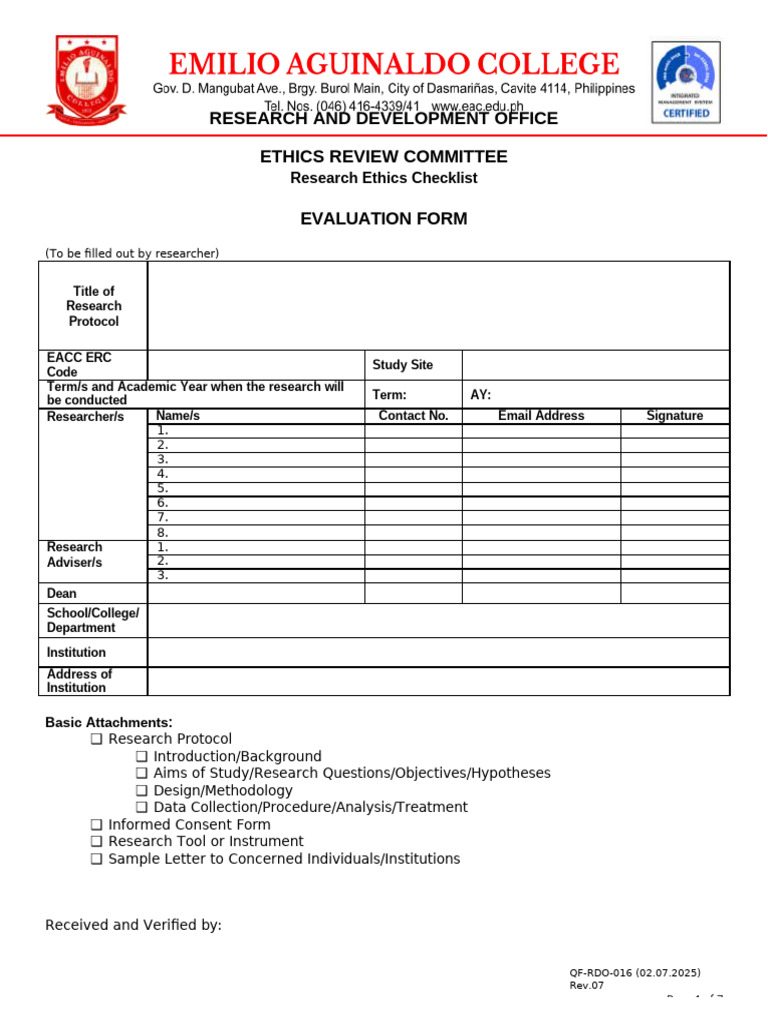 Research Ethics Evaluation Checklist | PDF | Informed Consent ...