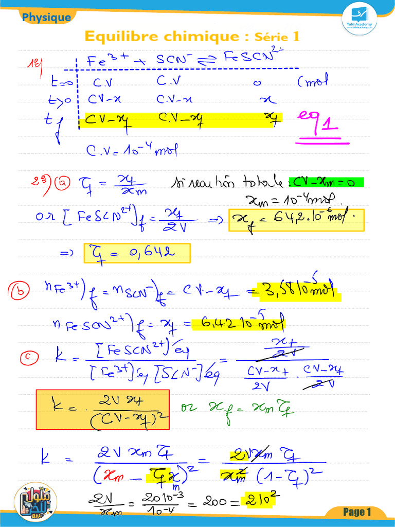 638e0948ecb0a - Corrigé - SC - Equilibre Chimique - Série 1 | PDF