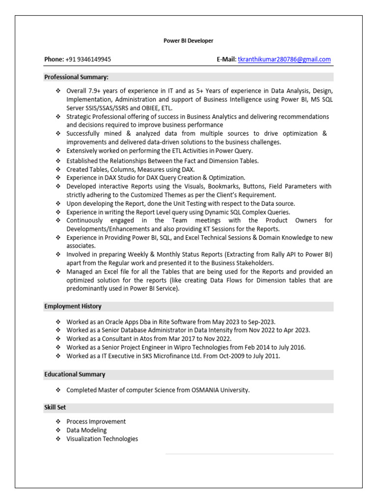 Power BI Developer Resume Summary | PDF | Microsoft Sql Server | Databases