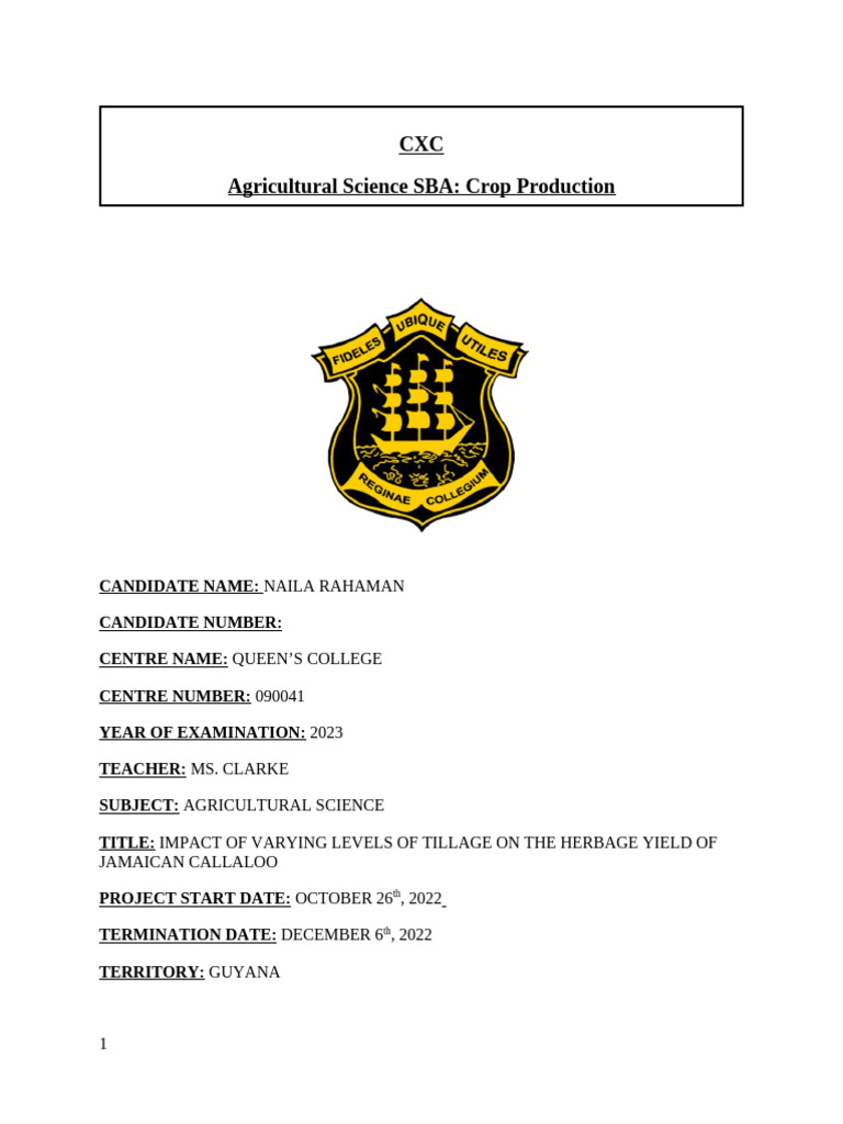 Agricultural Science SBA - Crop Production | PDF | Tillage | Soil