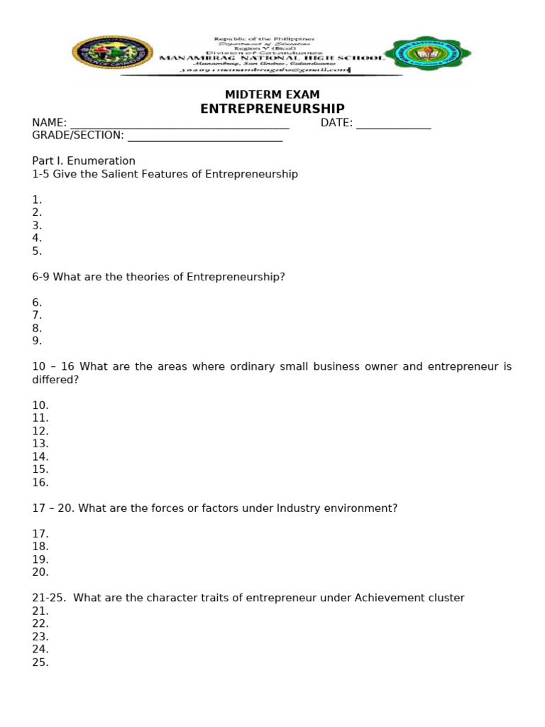 Midterm Exam: Entrepreneurship Concepts | PDF