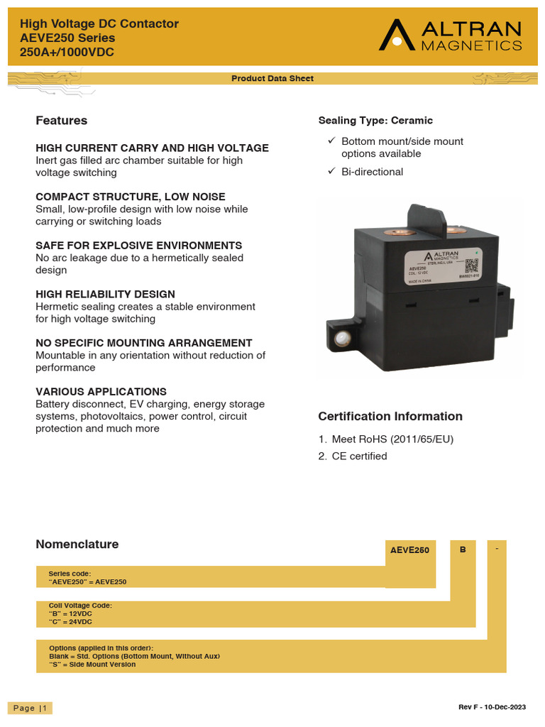 AEVE250 High Voltage DC Contactor Data | PDF | Inductor | Electricity