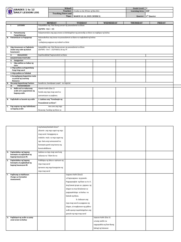 Grade 5 DLL Esp 5 q4 Week 5 | PDF