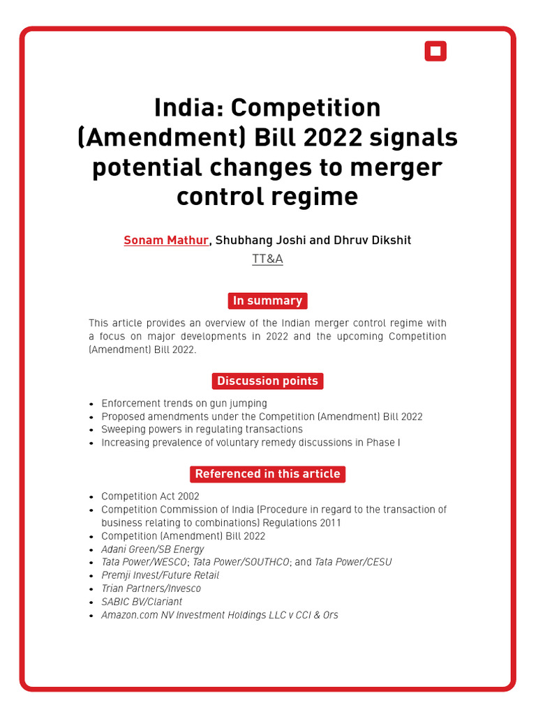 Merger Control Amendments in India | PDF | Mergers And Acquisitions ...