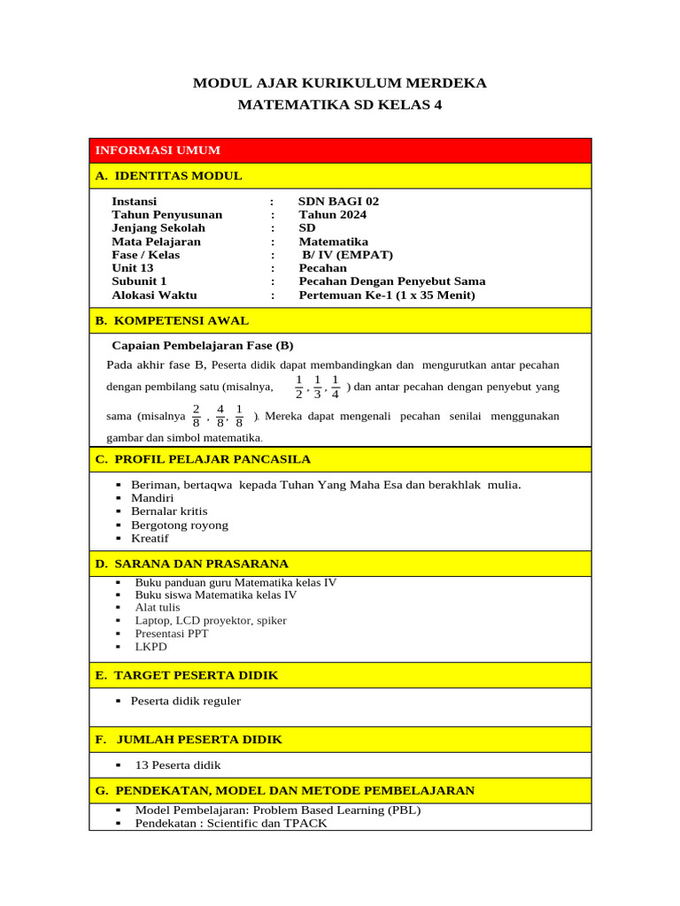 Modul Ajar Matematika SD Kelas 4 | PDF