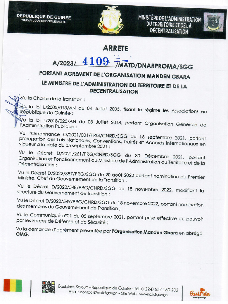 A 4109 Portant Agrement de L Organisation Maden Gbara HRzGXPYWv6 | PDF