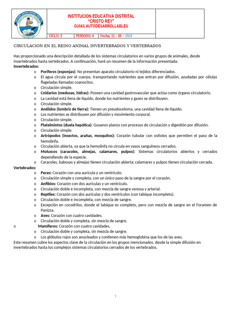 C3 Circulacion en El Reino Animal Invertebrados y Vertebrados | PDF ...