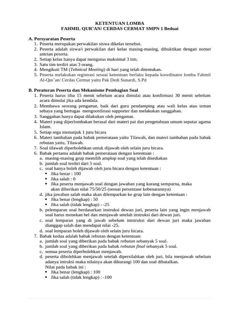 Ketentuan Lomba Fahmil Qur'an SMPN 1 Beduai | PDF