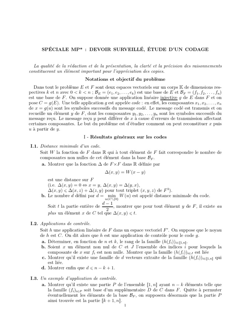 Étude des codes linéaires et décodage | PDF | Espace euclidien | Objets ...