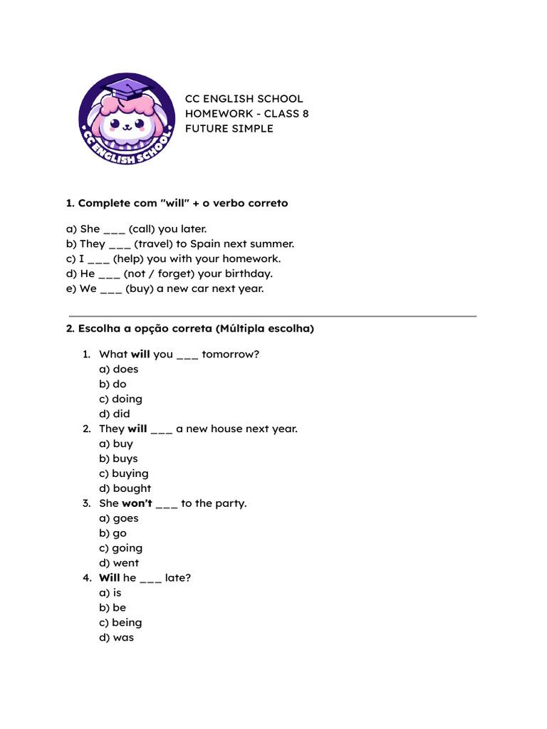 Class 8 Future Simple Homework Guide | PDF