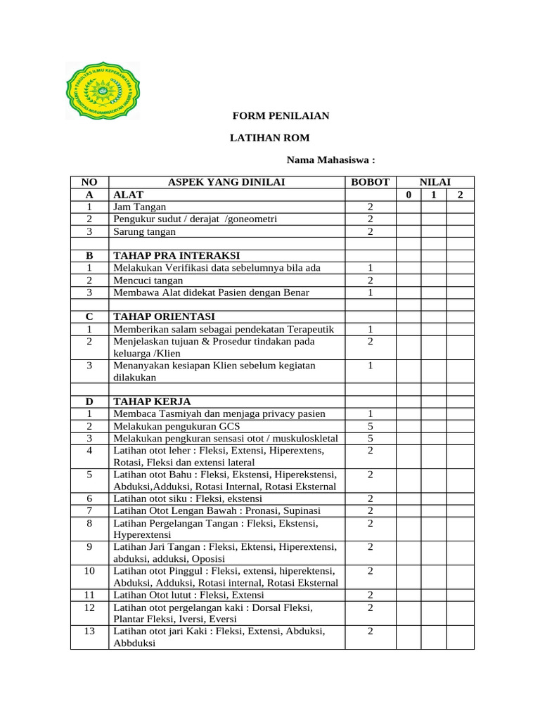 Form Penilaian Latihan Rom | PDF