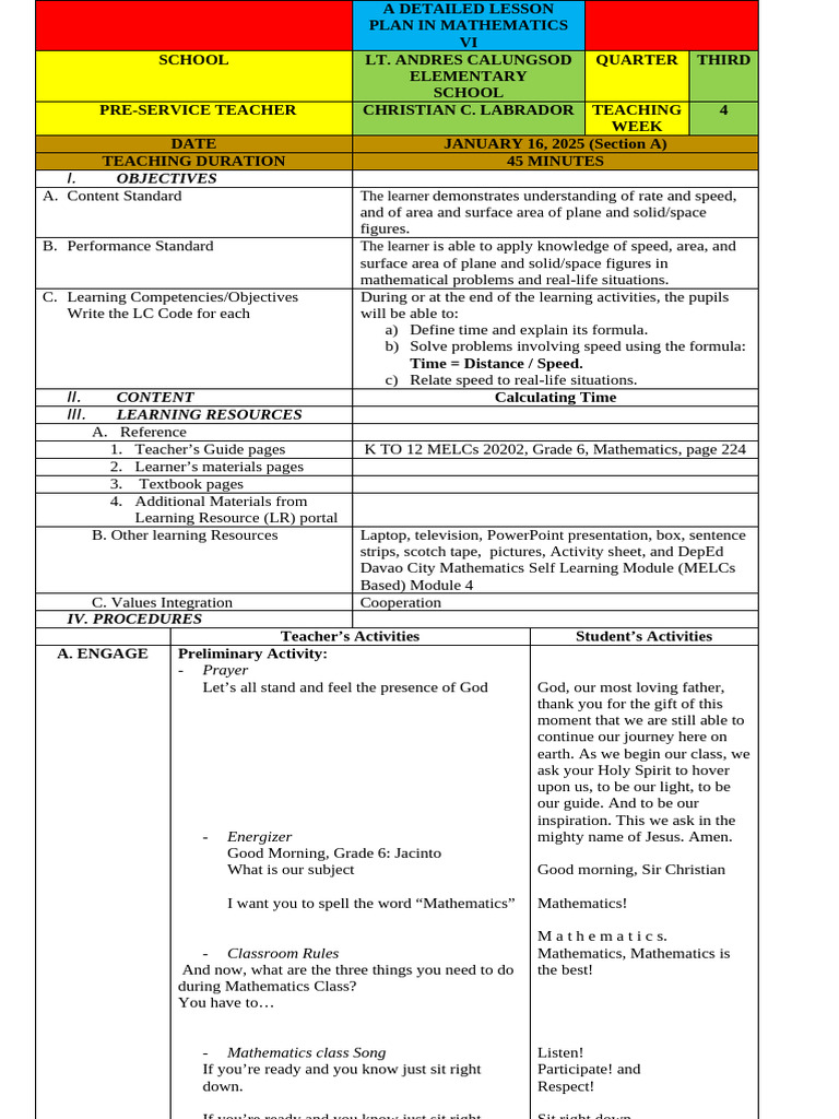 Grade 6 Math Lesson Plan on Speed | PDF | Mathematics | Learning