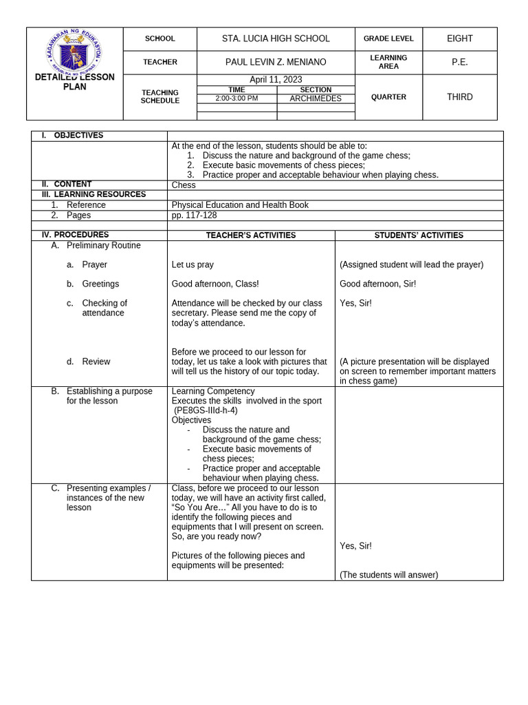 Chess Lesson Plan for Grade 8 P.E. | PDF | Chess | Board Games