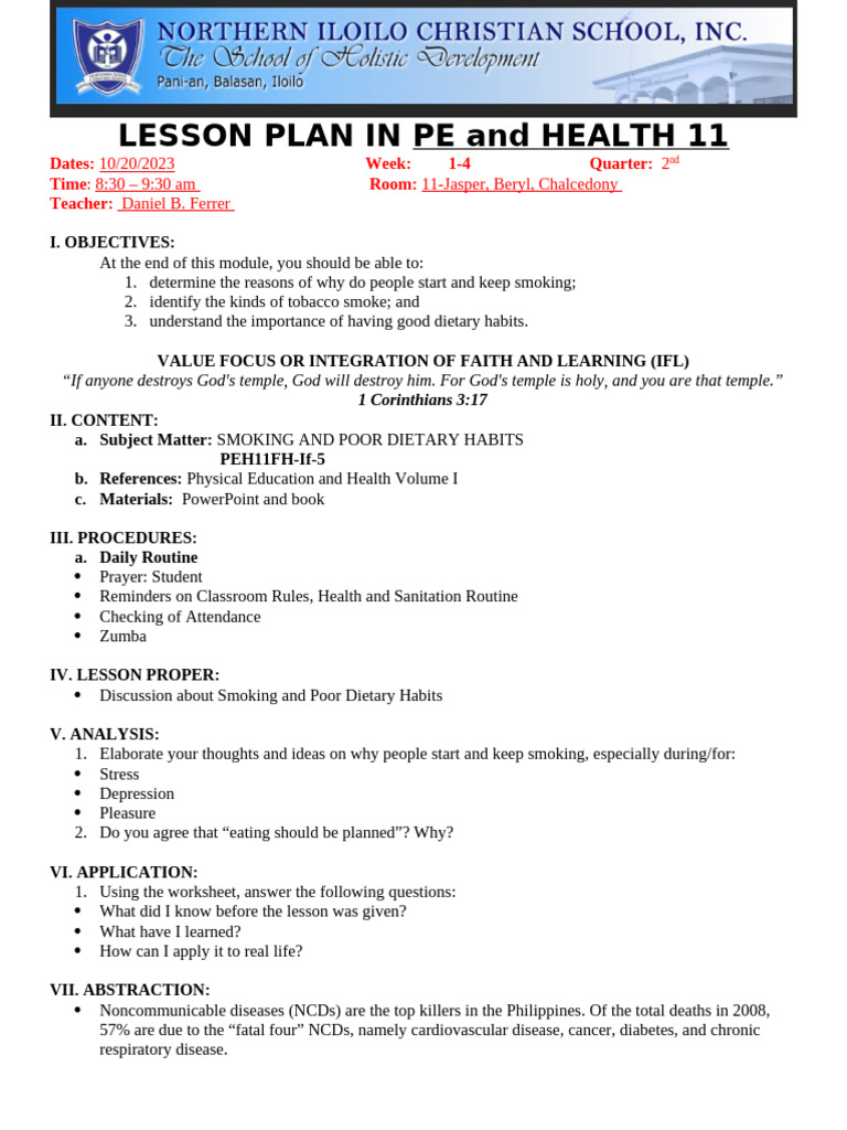 Smoking and Dietary Habits Lesson Plan | PDF | Non Communicable Disease
