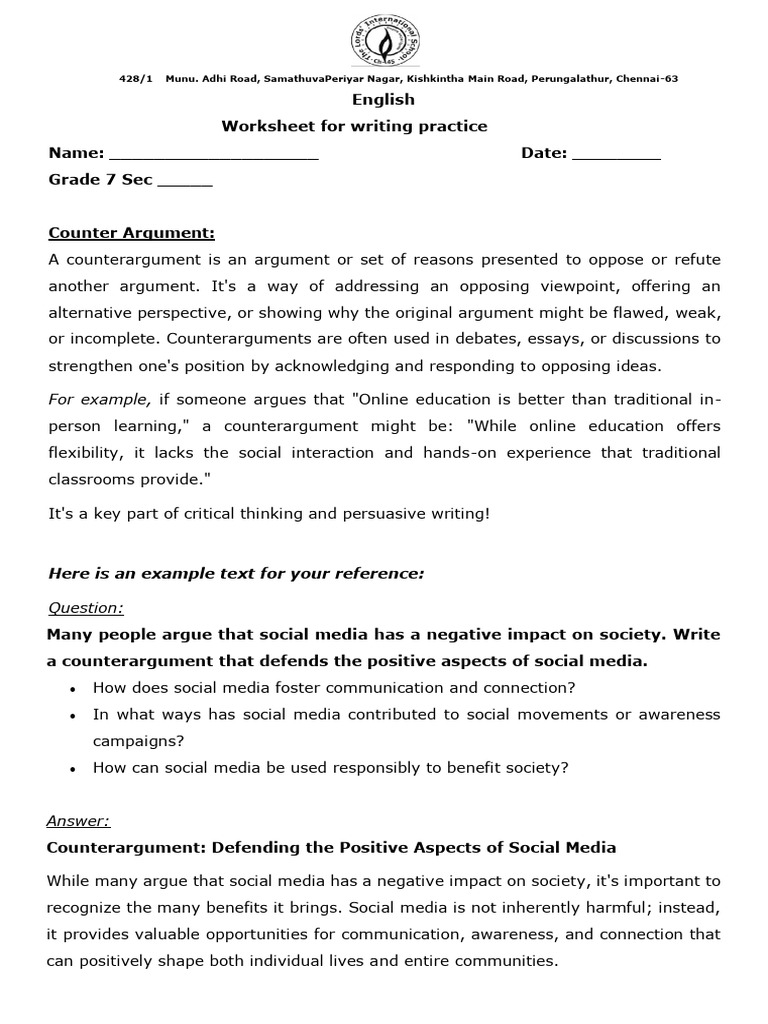 Counterargument Writing Worksheet for 7th Grade | PDF | Social Media ...