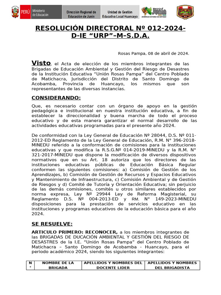RD Brigadas Ambientales Ie Urp 2024 | PDF | Aprendizaje