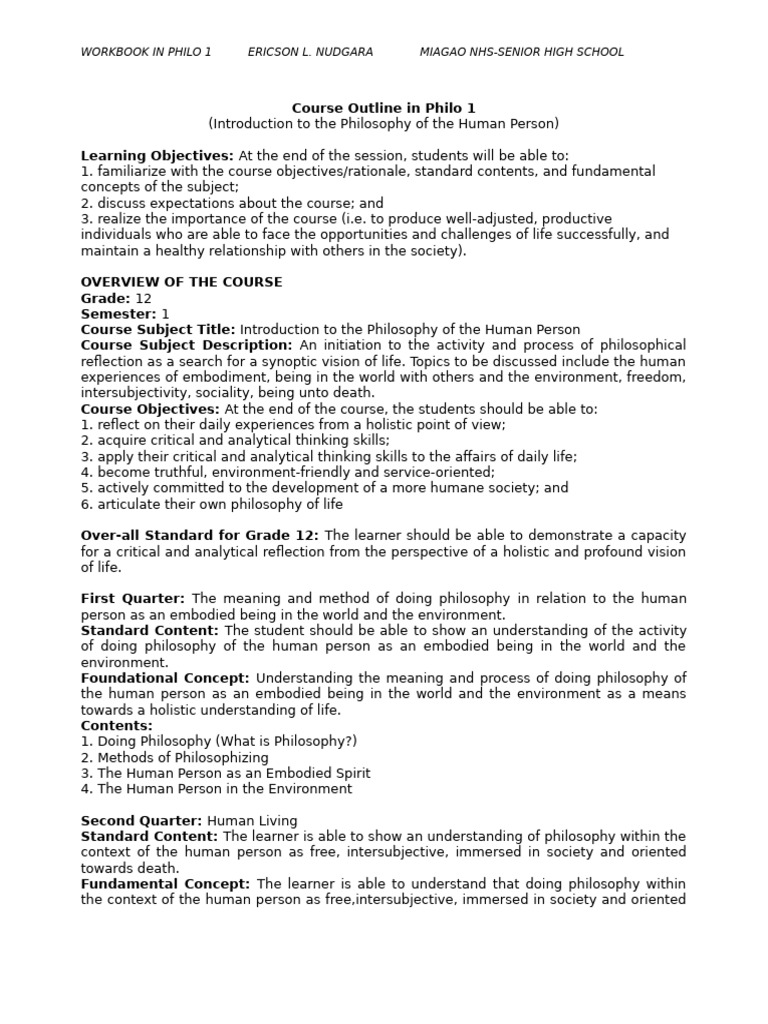 Course Outline: Philosophy of Human Person | PDF | Knowledge | Wisdom