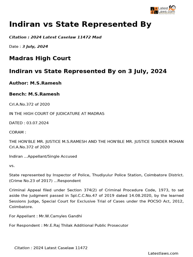 Indiran vs State: POCSO Appeal Judgment | PDF | Dna Profiling ...