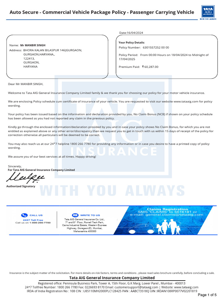 Auto Secure - Commercial Vehicle Package Policy - Passenger Carrying ...