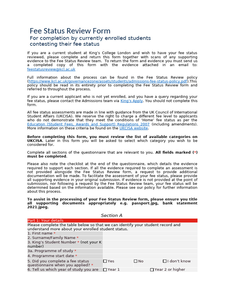 King's College Fee Status Review Form | PDF | Travel Visa | Government ...