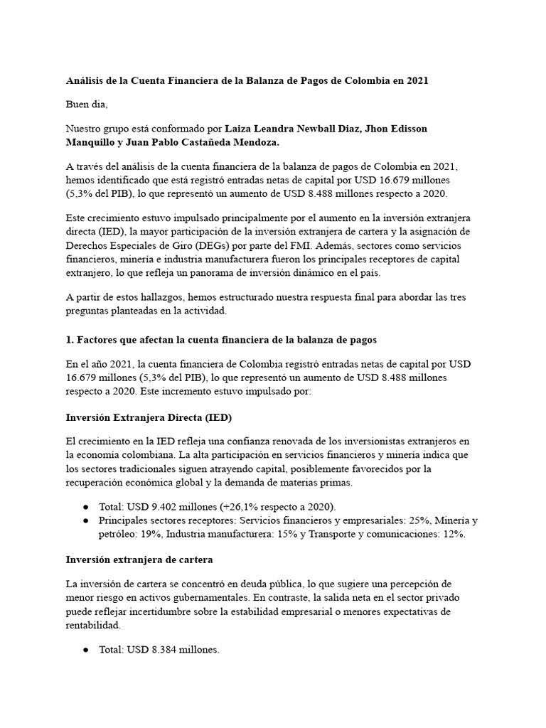 Análisis de La Cuenta Financiera de La Balanza de Pagos de Colombia en ...