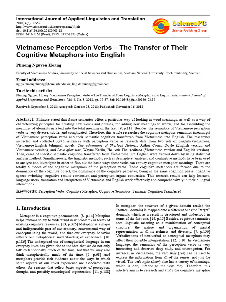 Cognitive Metaphors in Vietnamese Verbs | PDF | Semantics | Perception