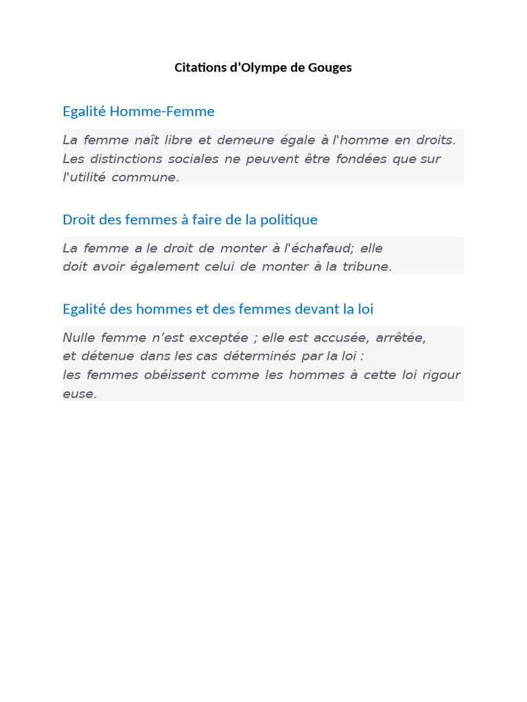 Citations d'Olympe de Gouges sur l'égalité | PDF