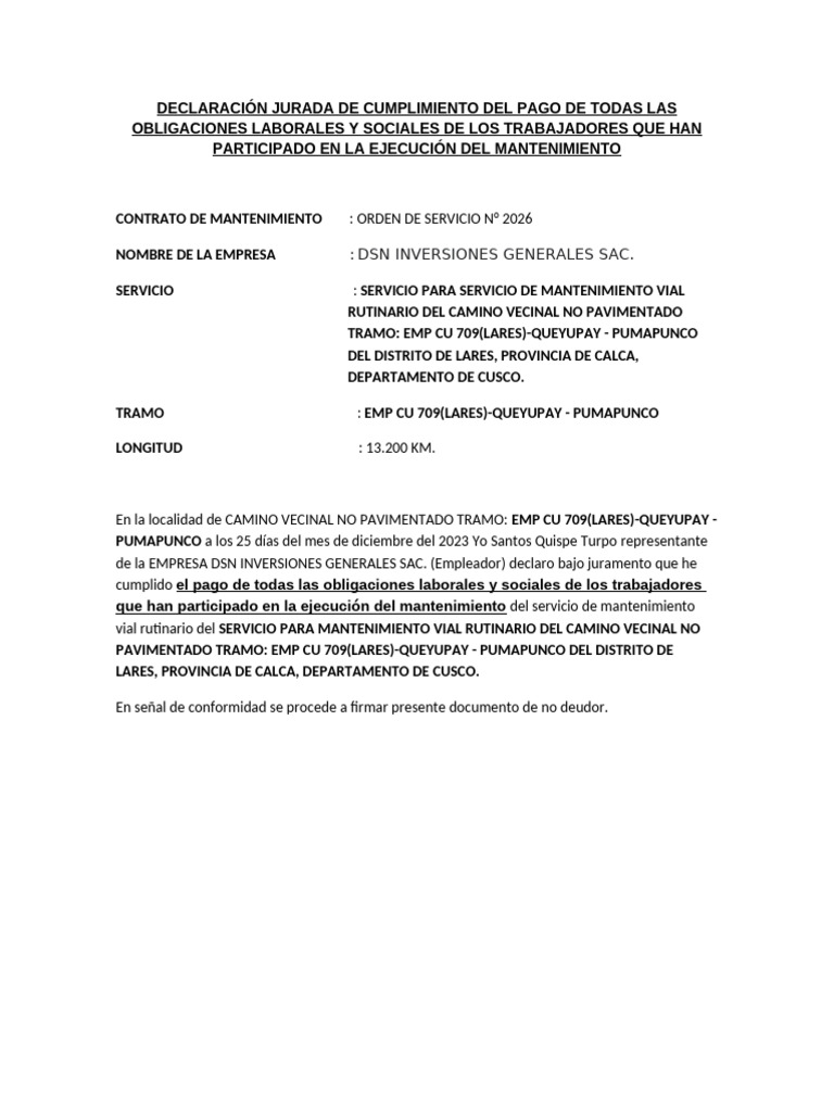Declaración Jurada de Cumplimiento Laboral | PDF