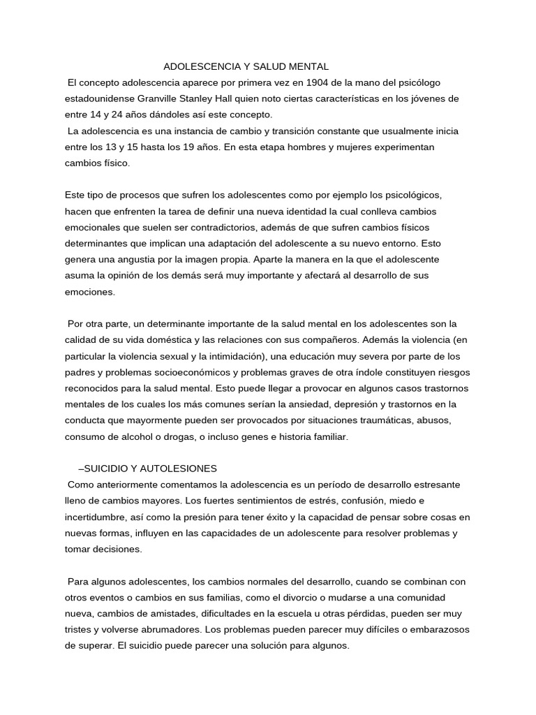 Salud Mental y Suicidio en Adolescentes | PDF | Suicidio | Adolescencia