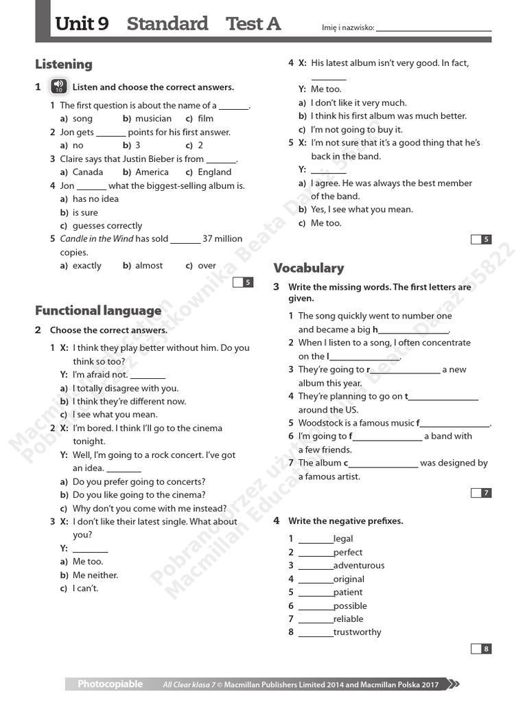 All Clear kl7 Unit9 Standard Test A | PDF | Grammar | Linguistics