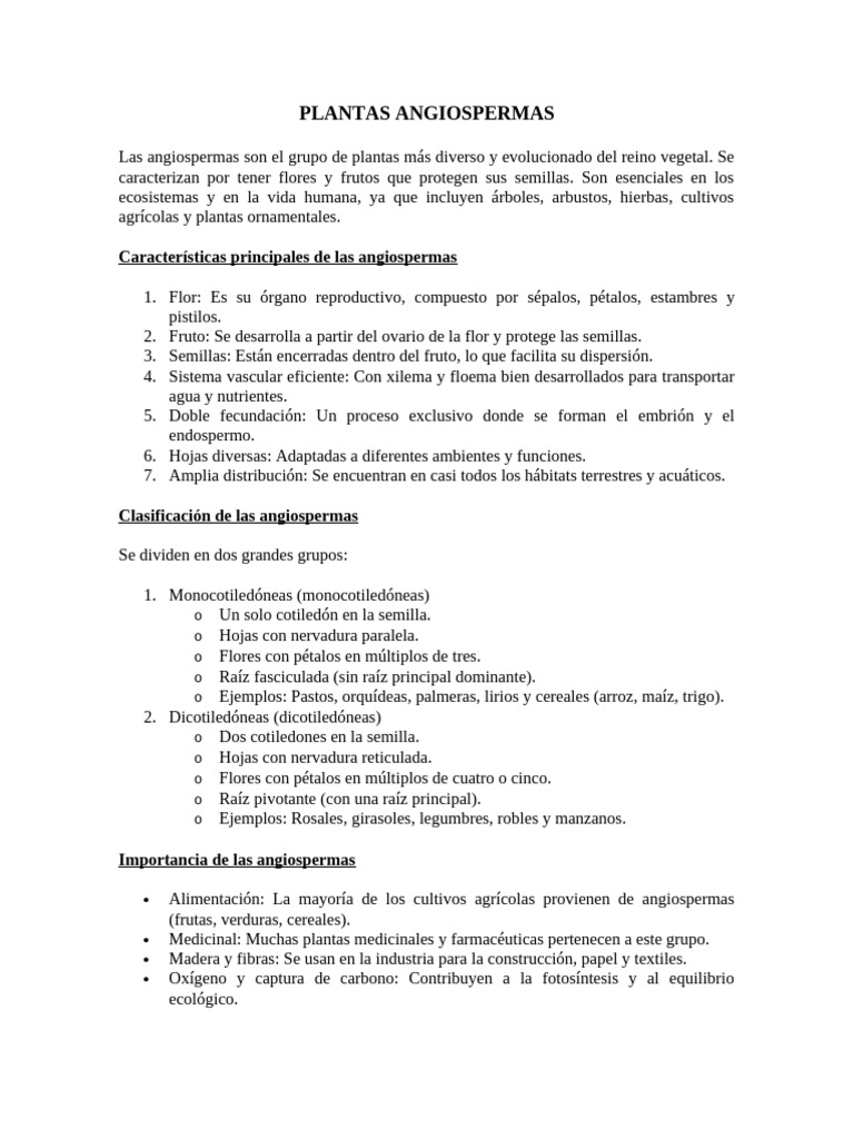 Clasificación y características de angiospermas | PDF | Flores | Semilla