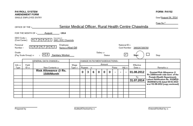Afzal Gill SW Bps02 Payroll Systemform Risk Allowance W.E.F 01.08.12 ...