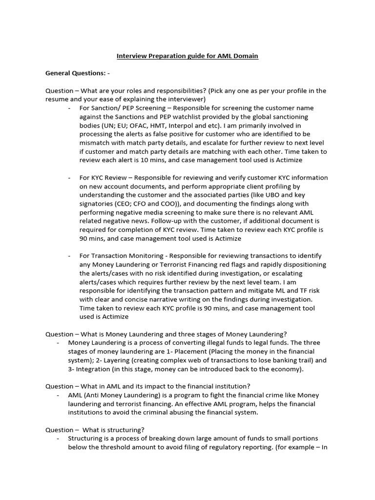 AML Interview Preparation Guide-1 | PDF | Money Laundering | Business