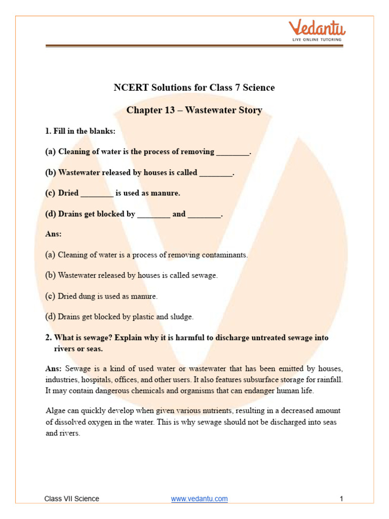 Class 7 Science: Wastewater Story Answers | PDF | Sewage Treatment ...