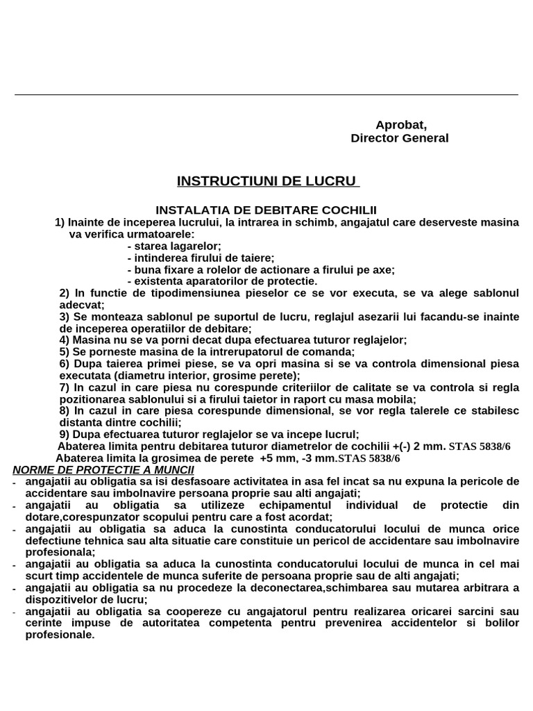 Instructiuni de Lucru - Instalatia de Debitare Cochilii | PDF