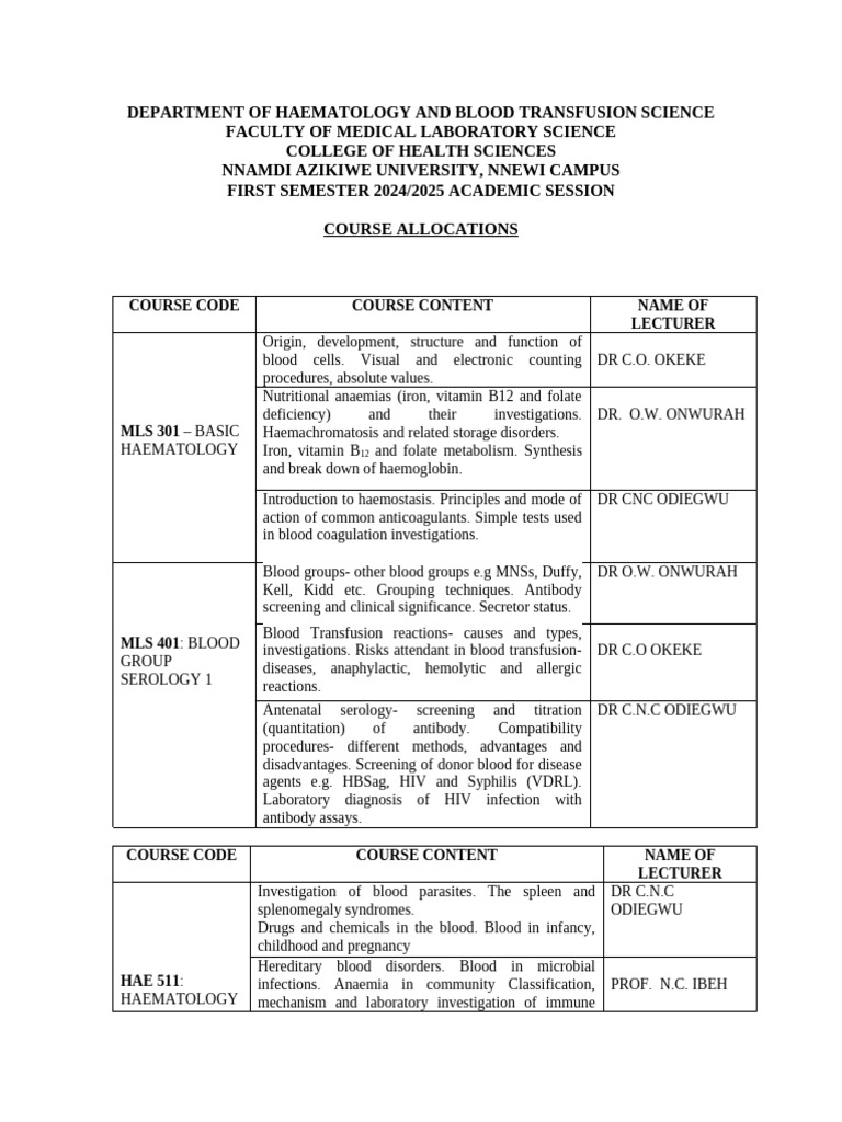 Course Allocations for Haematology 2024 | PDF | Serology | Blood Type