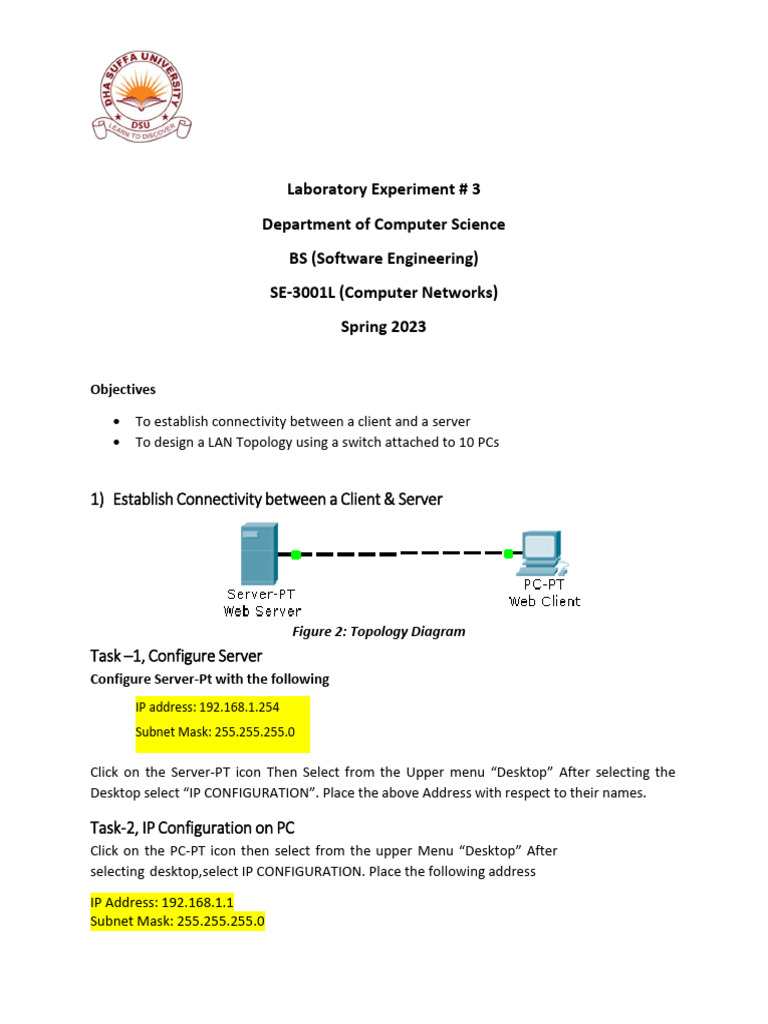 Lab 3 - Client-Server-Connectivity-LAN-Topology - DSU | PDF | Ip ...