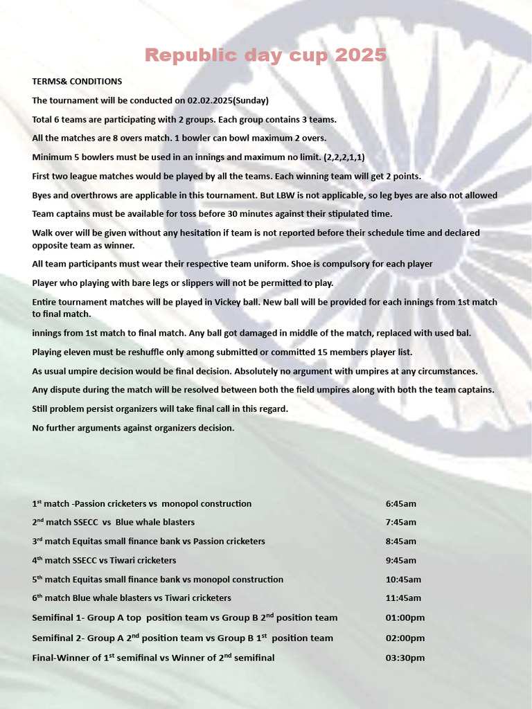 Republic Day Cup 2025: Tournament Rules | PDF