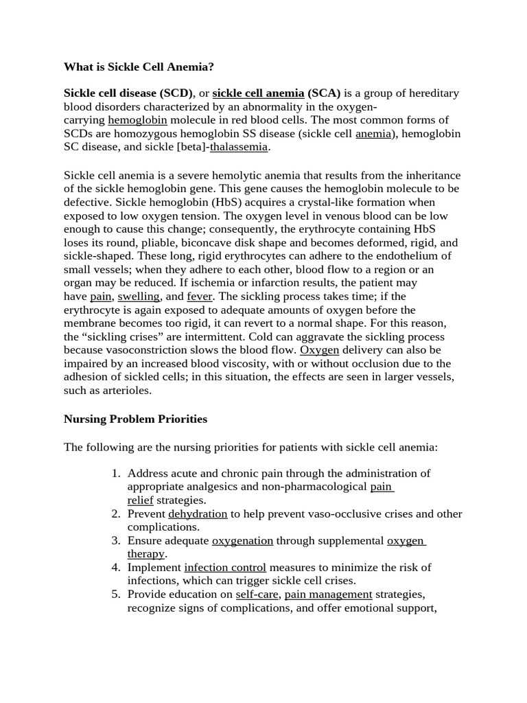 Nursing Care for Sickle Cell Crisis | PDF | Dehydration | Anemia