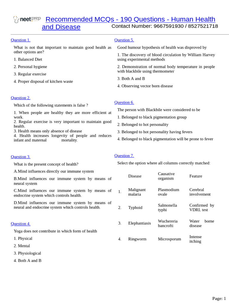 Human Health and Disease MCQs Guide | PDF | Immune System | Lymphocyte