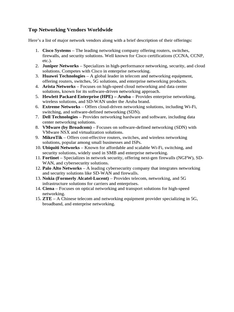 Top Global Networking Vendors List | PDF