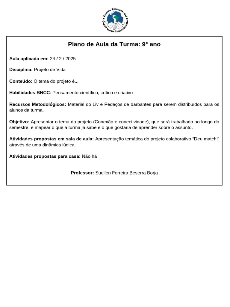 Plano de Aula - Projeto de Vida 9° Ano (05 - 03) | PDF