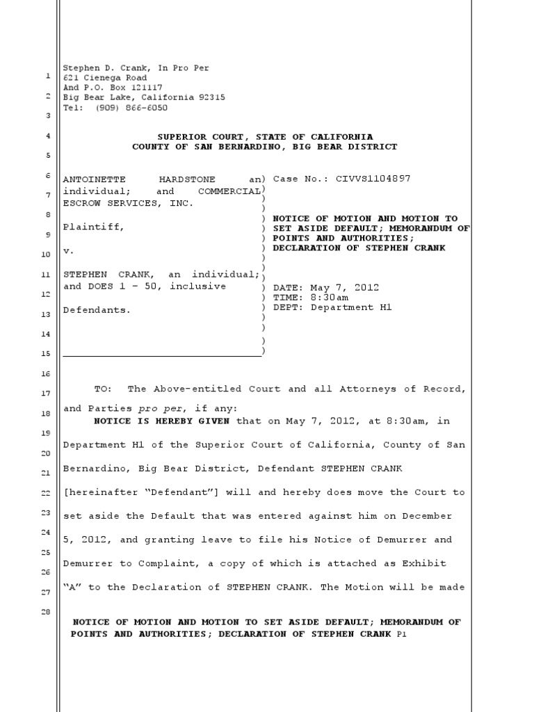 03 03 12 Motion to Set Aside Default; Memorandum of Points and