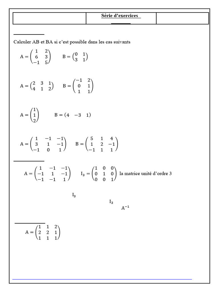 Exercices sur les Matrices en Info 4ème | PDF | Matrice (Mathématiques ...