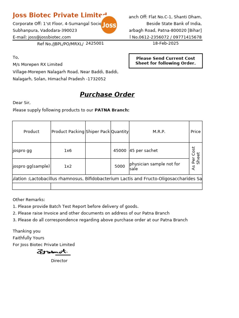 Draft PO - Morepen RX Limited | PDF